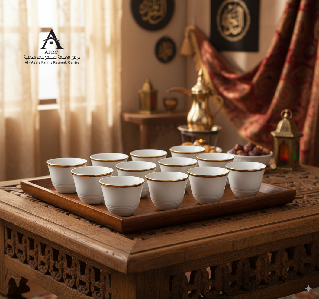 AFRC 12-Piece Ceramic Arabic Cawa Cup Set - White with Gold Line (Model: 1021G)